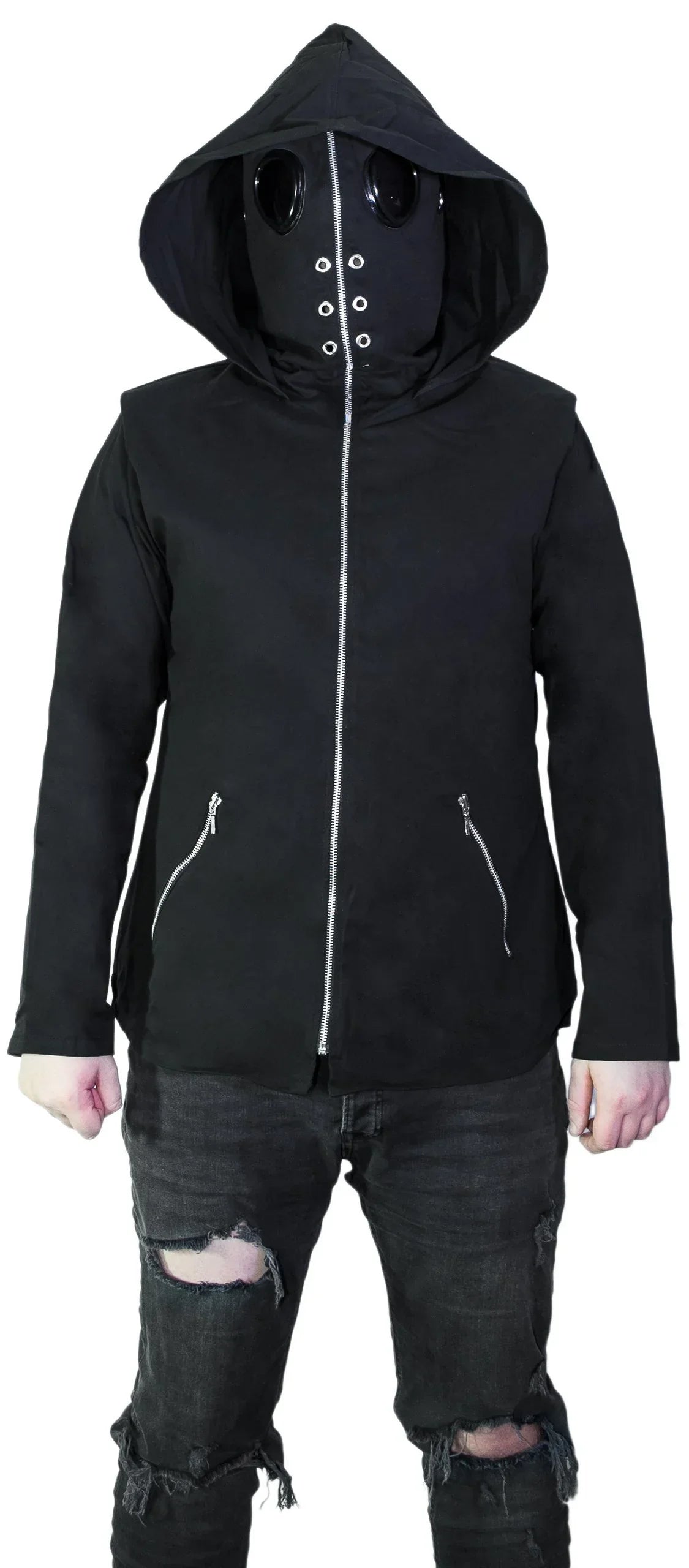 hoodies with goggles Black Cotton Jacket with Built-in Goggles and Hooded Design – Dr Faust