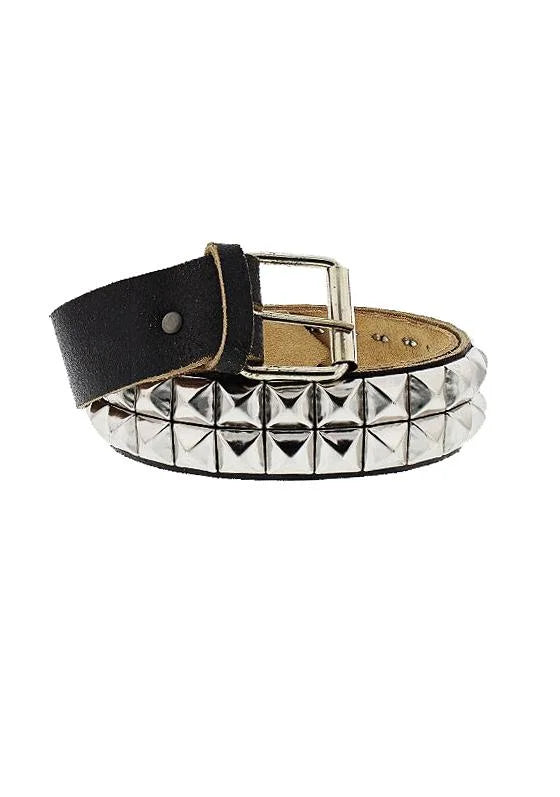 2-Row Pyramid Studded Black Cracked Leather Belt - Orion - Dr Faust