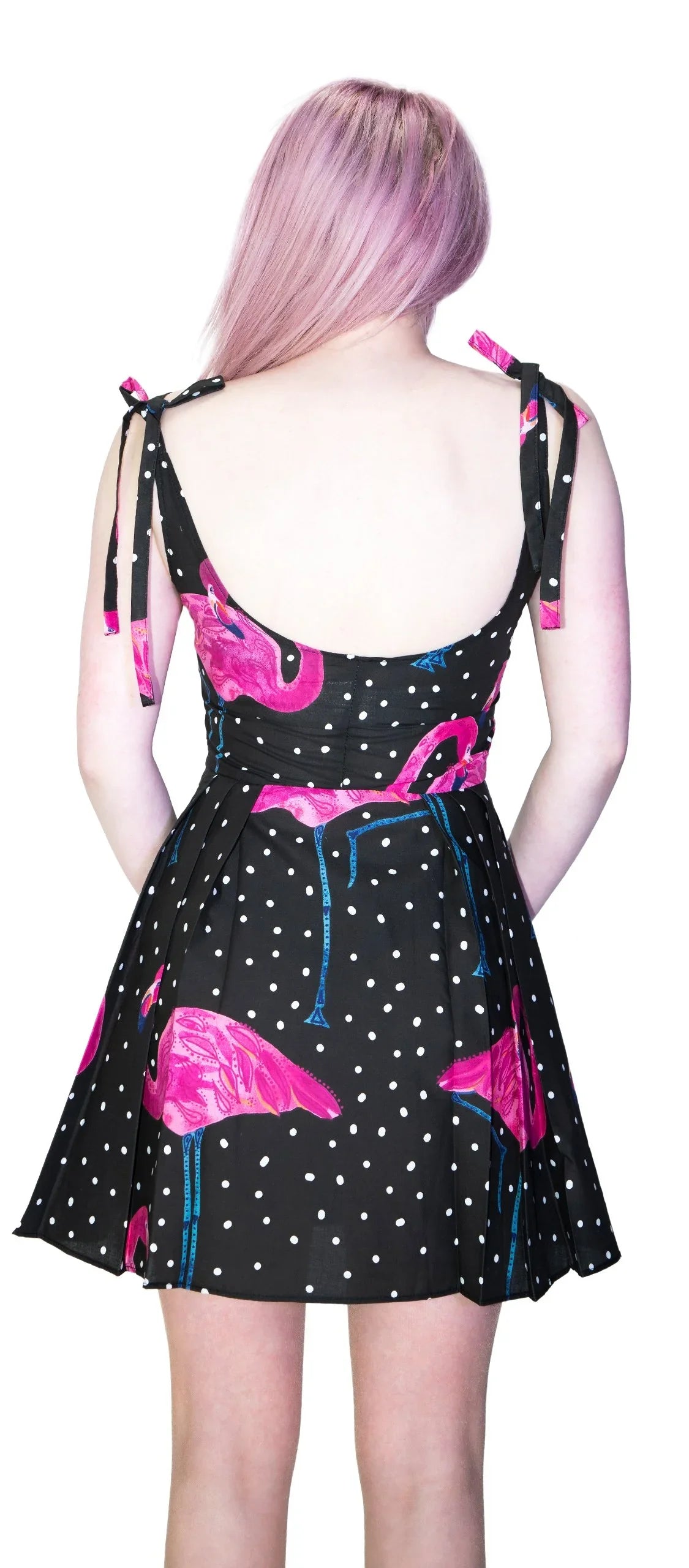 Flamingos White Polka Black Mini Dress - Flo - Dr Faust