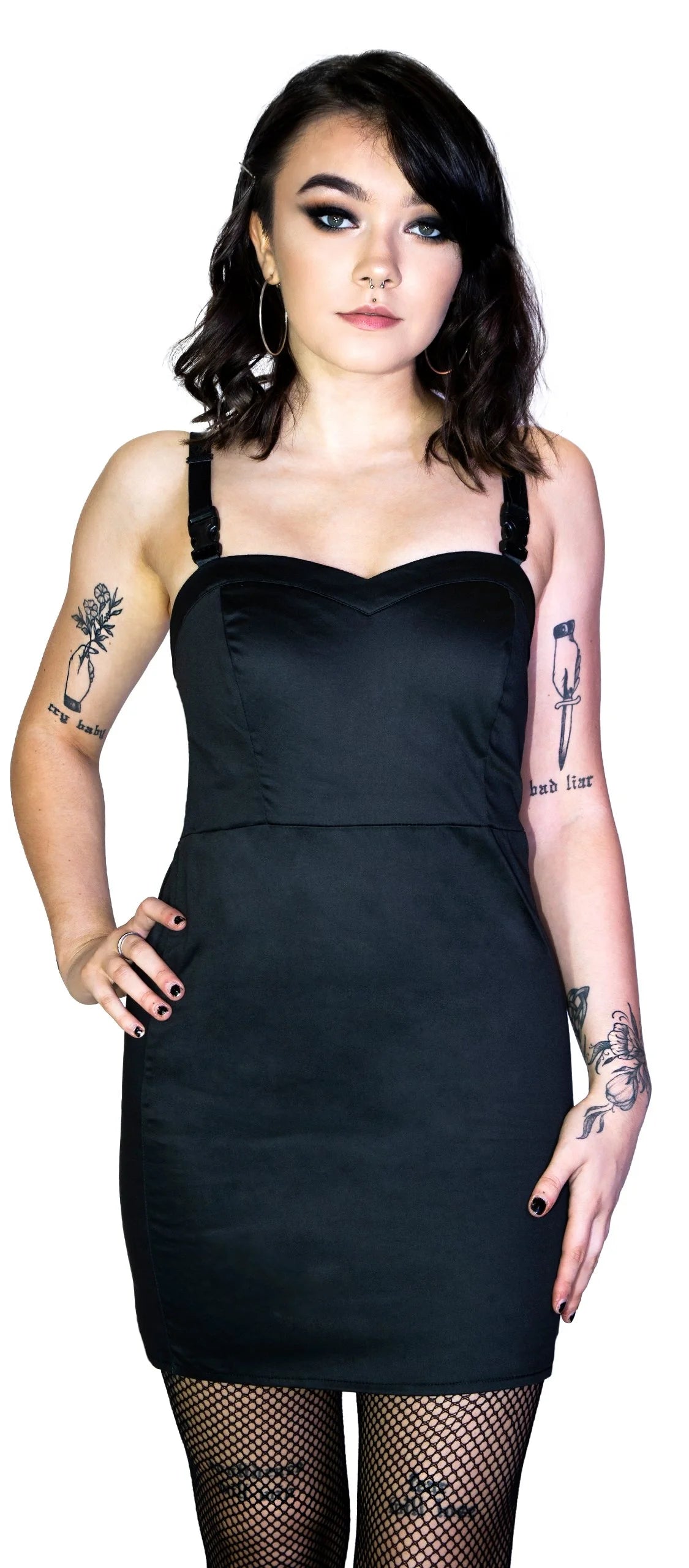 Black Rugged Plastic Clasp Black Mini Dress - Serenity - Dr Faust