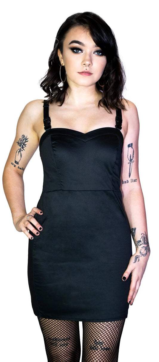 Black Rugged Plastic Clasp Black Mini Dress - Serenity - Dr Faust
