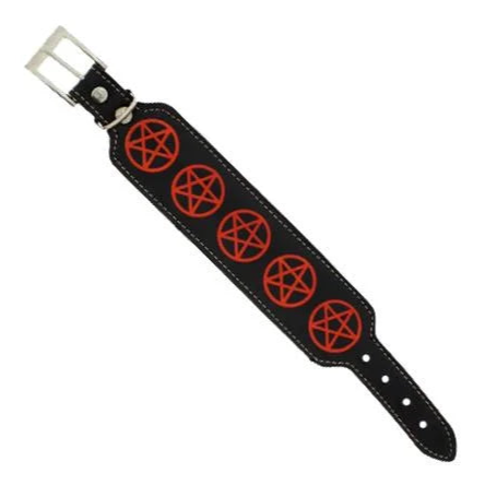 Red Pentagrams Black Vegan Leather Bracelet - Erick - One - Bracelet