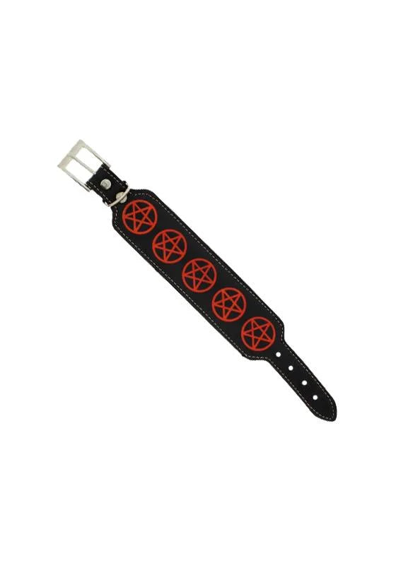 Red Pentagrams Black Vegan Leather Bracelet - Erick - Dr Faust