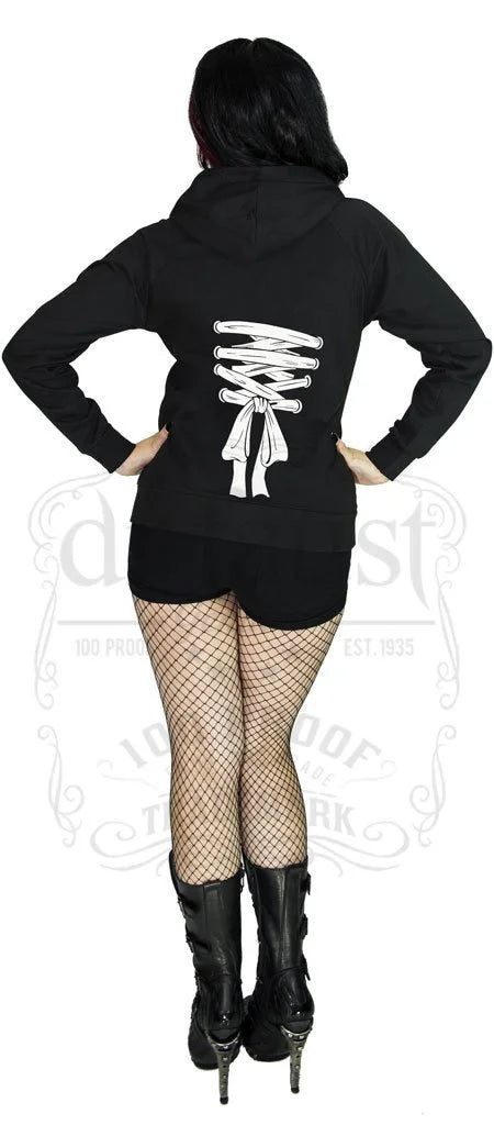 Corset White Print Women's Black Hoodie - Colette - Dr Faust
