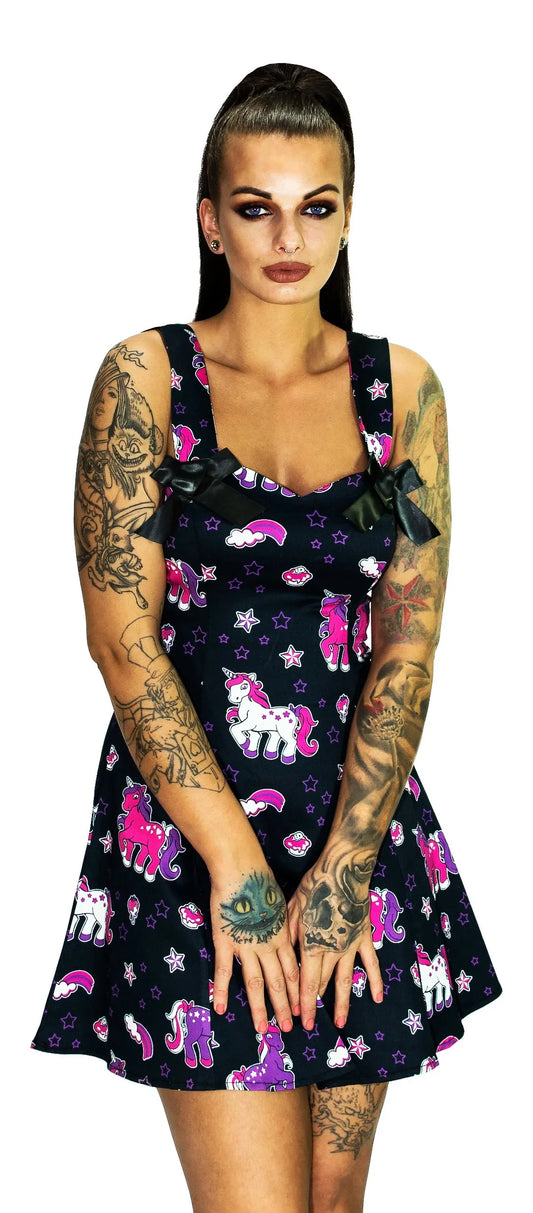 Cute Purple Unicorns Black Mini Dress - Emily - Dr Faust