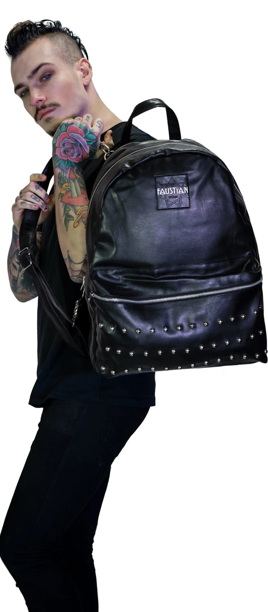 Faustian Round Studs Vegan Leather Black Backpack - Vipera - Dr Faust