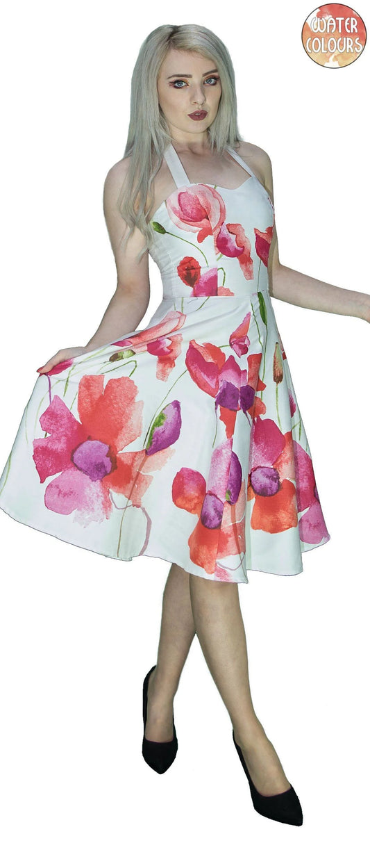 Field Poppy Flowers White Midi Dress - Talitha - Dr Faust