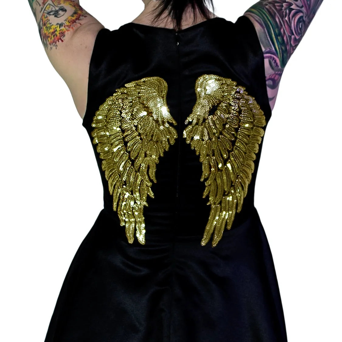 Gold Sequin Wings Black Silk Mini Dress - Hope - Dr Faust