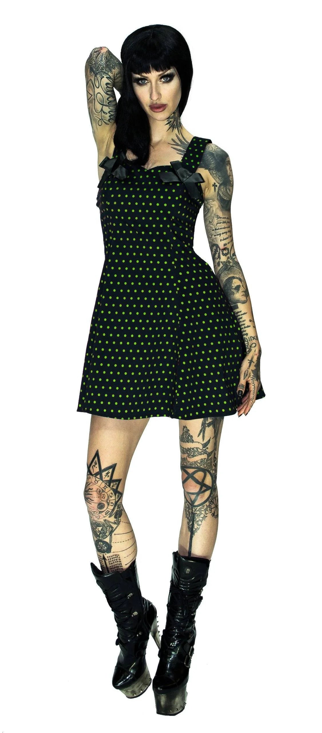 Green Polka Dots Black Mini Dress - Ava - Dr Faust