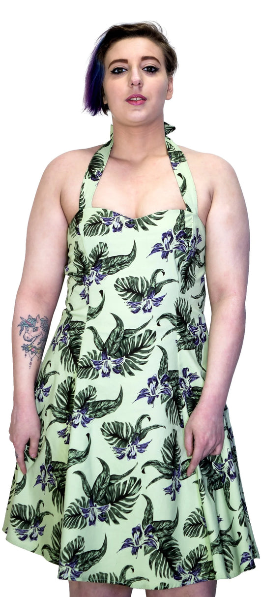 Indigo Flowers Olive Green Plus Size Rockabilly Midi Dress - Jadis - Dr Faust