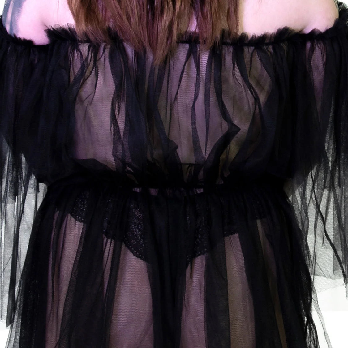 Lace Bardot Black Sheer Mini Dress - Wilhelmina - Dr Faust