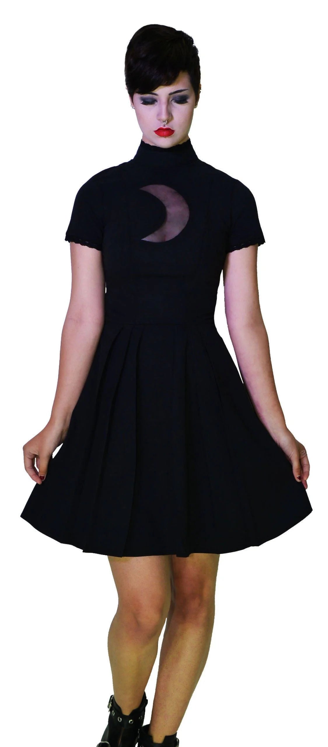 Lace Moon Crescent Keyhole Short Sleeve Black Mini Dress - Nancy Dr Faust Lace Moon Crescent Keyhole Short Sleeve Black Mini Dress - Nancy Dr Faust