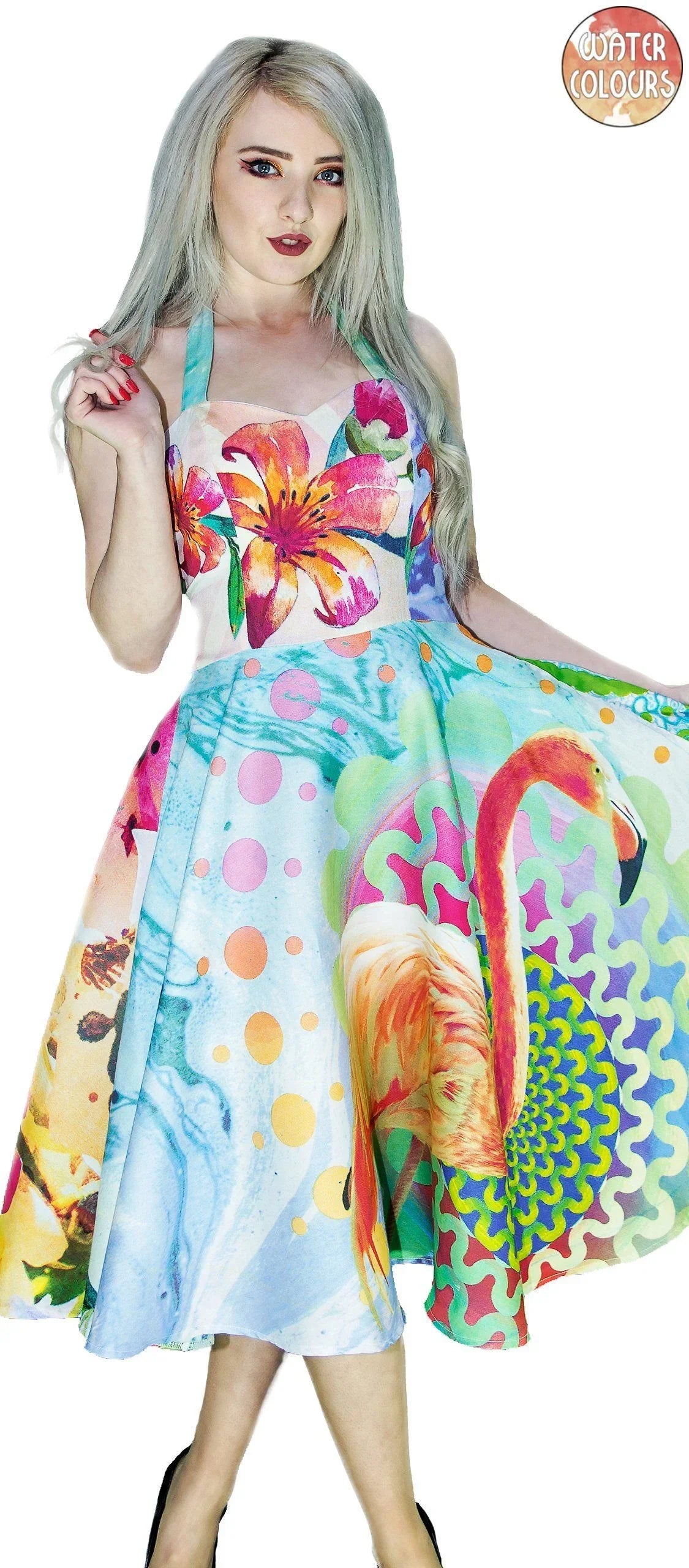 Lily Pink Flamingo Sleeveless Dress with Colourful Watercolor Design Dr Faust Lily Pink Flamingo Sleeveless Dress with Colourful Watercolor Design Dr Faust