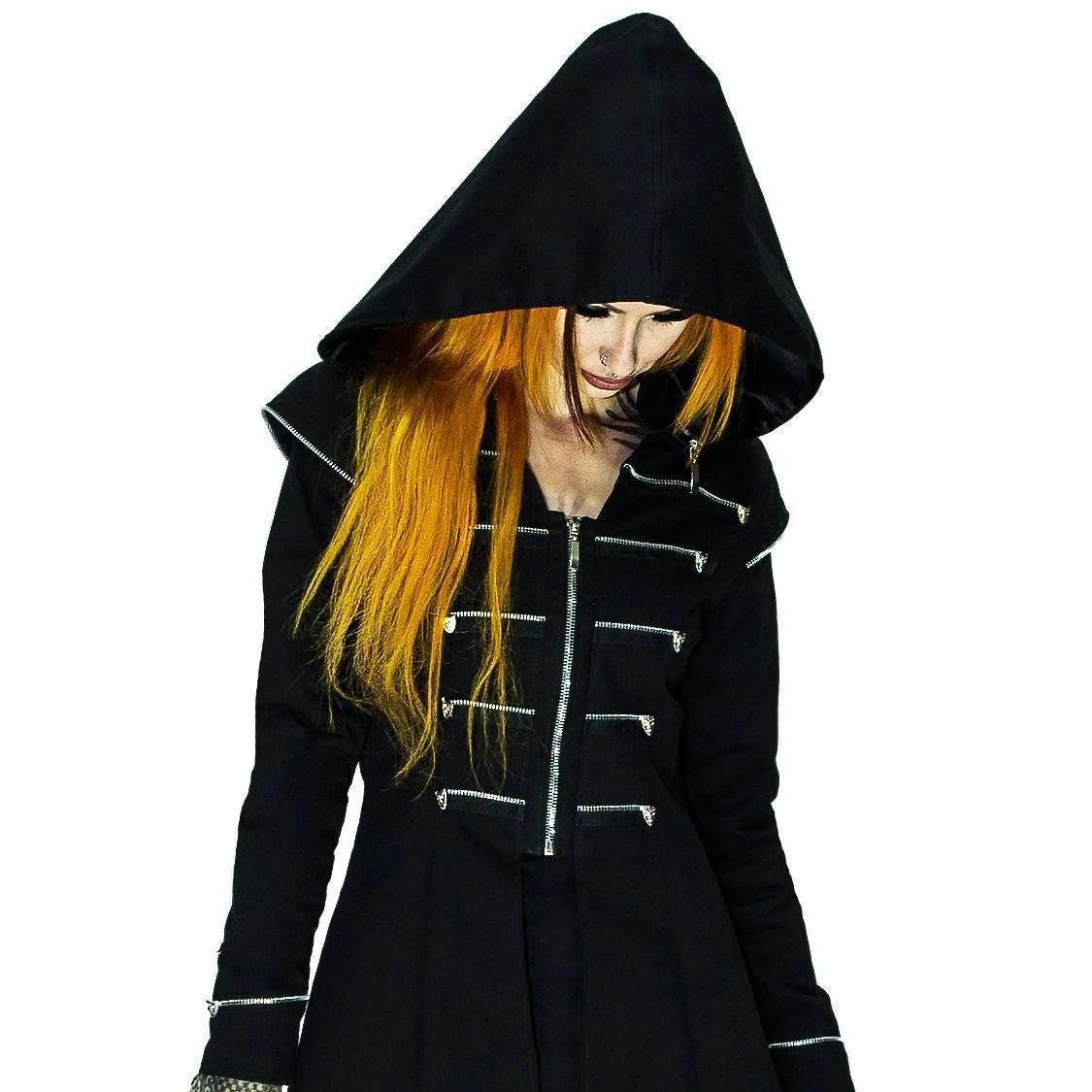 Long Hooded Designer Black Cotton Coat - Azalea - Dr Faust