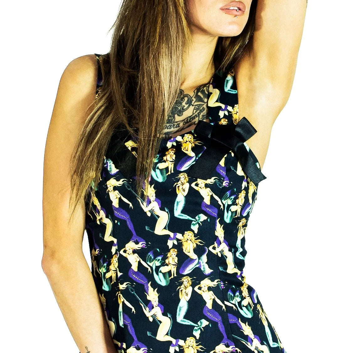 Mermaids Print Black Halterneck Mini Dress - Riley - Dr Faust