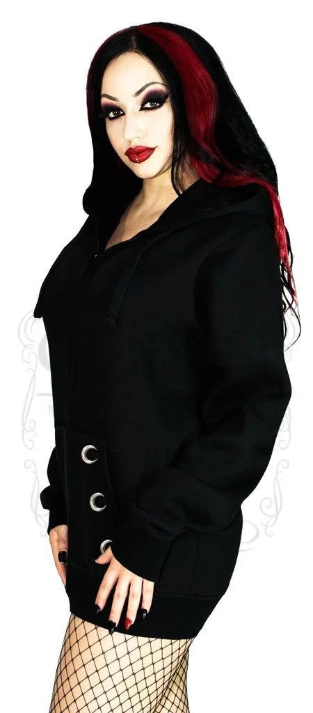 Metal Silver Moon Buttons Women's Black Hoodie - Zuri - Dr Faust