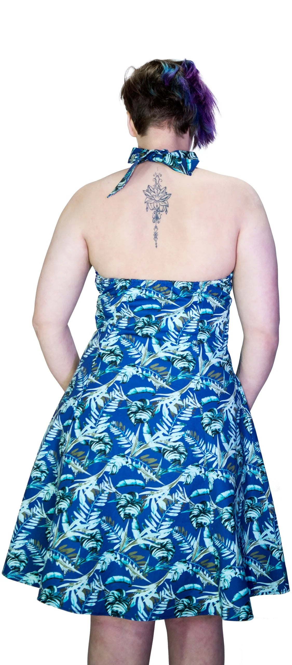 Metallic Blue Leaves Plus Size Rockabilly Midi Dress - Bessie - Dr Faust