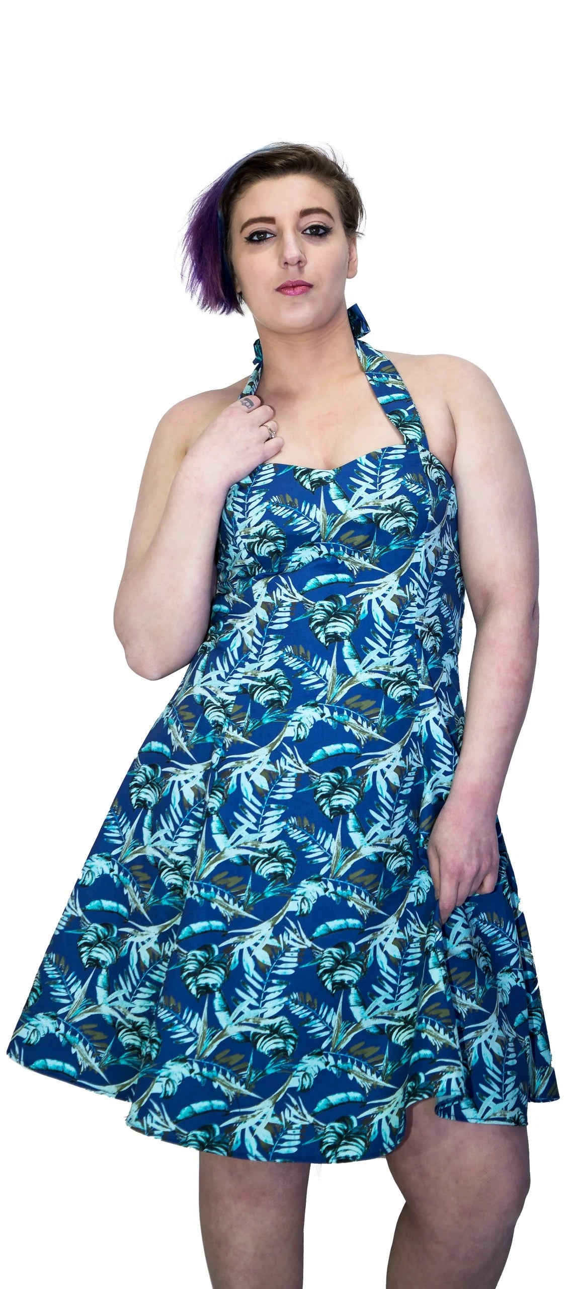 Metallic Blue Leaves Plus Size Rockabilly Midi Dress - Bessie - Dr Faust