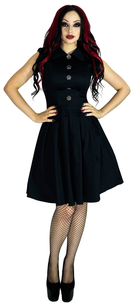 Occult Silver Pentagram Buttons Black Midi Dress - Hattie - Dr Faust