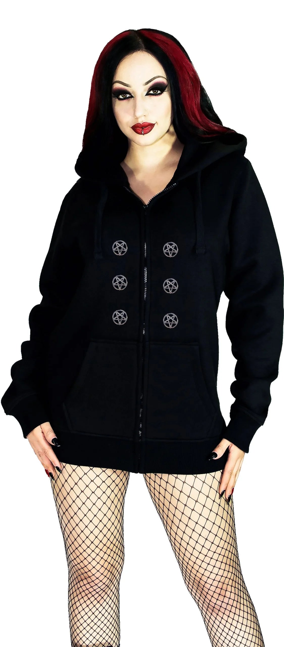 Occult Silver Pentagram Buttons Women's Black Hoodie - Georgia - Dr Faust