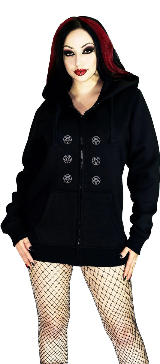 Occult Silver Pentagram Buttons Women's Black Hoodie - Georgia - Dr Faust