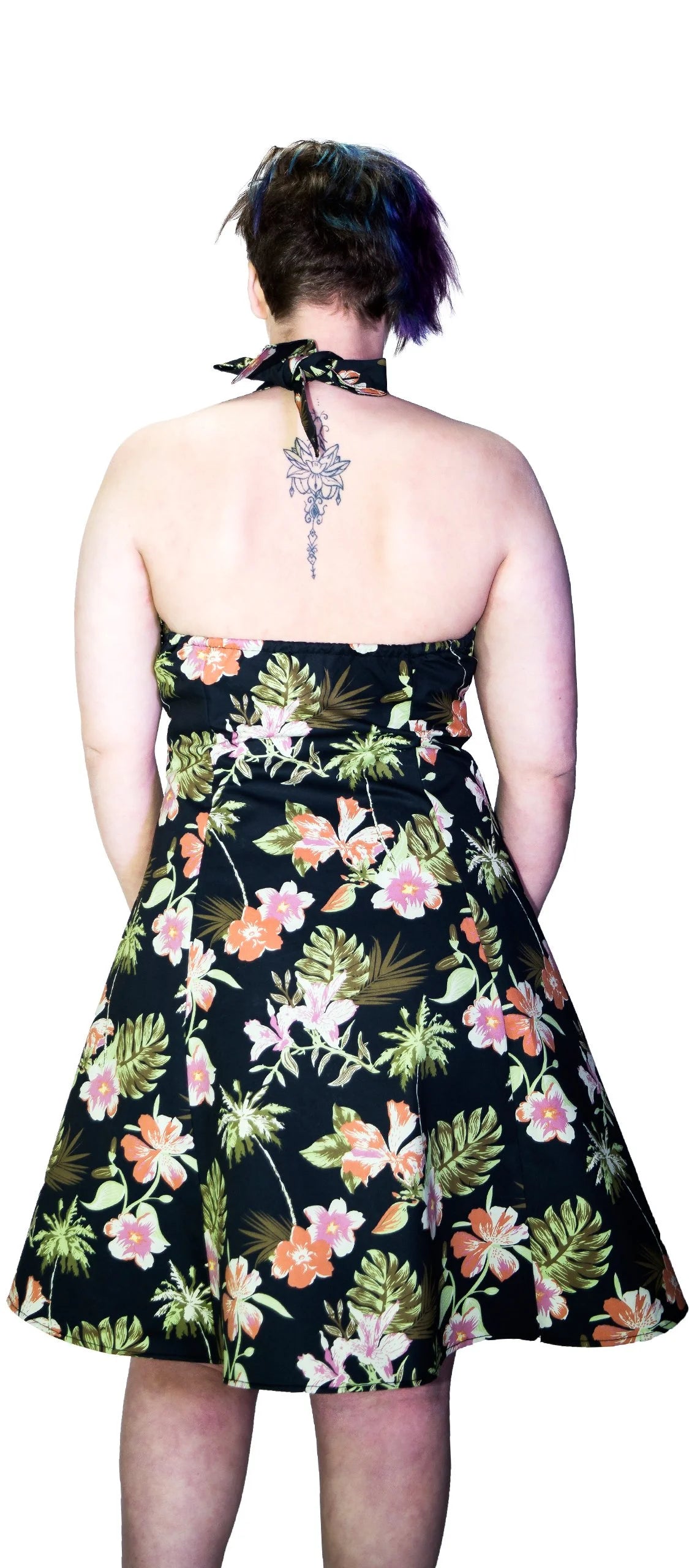 Palm Trees and Exotic Flowers Black Plus Size Retro Midi Dress - Marrama - Dr Faust
