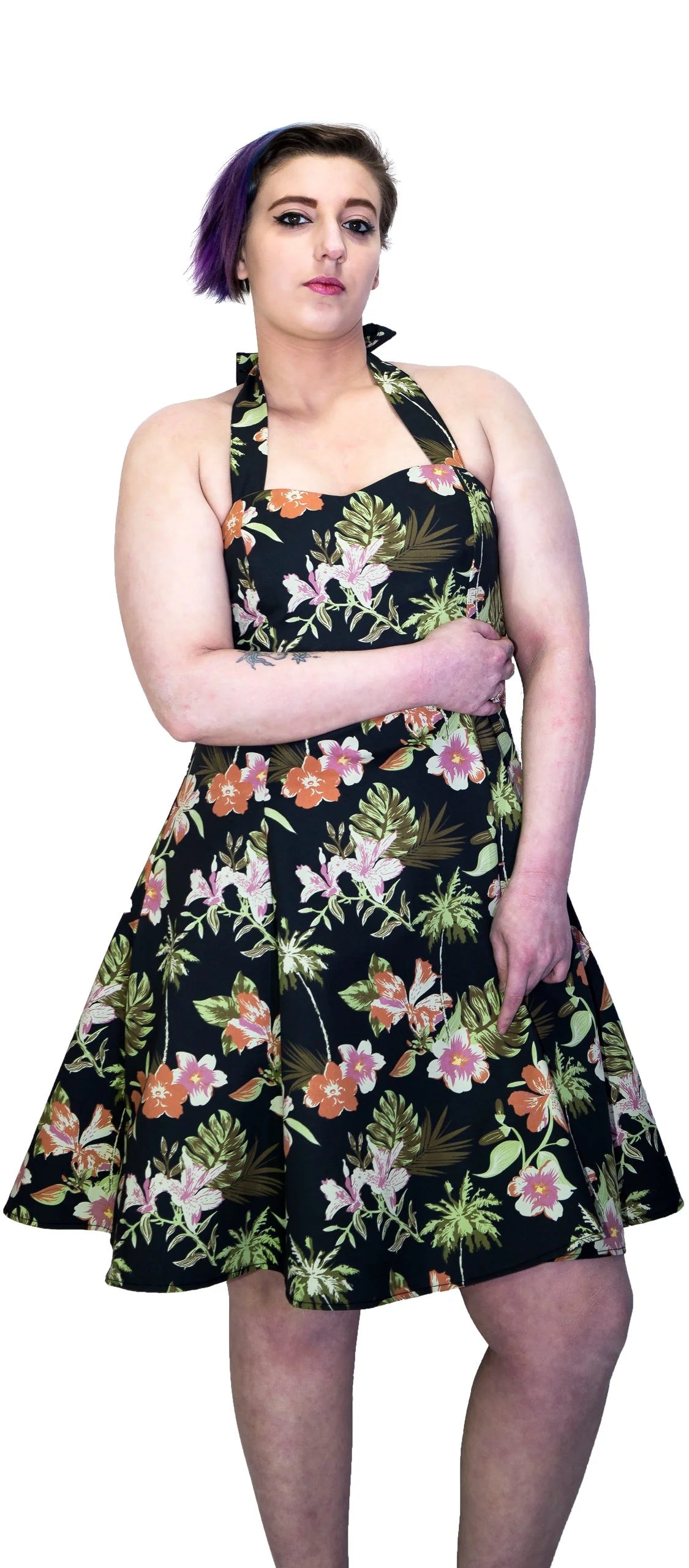 Palm Trees and Exotic Flowers Black Plus Size Retro Midi Dress - Marrama - Dr Faust