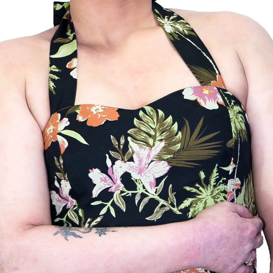 Palm Trees and Exotic Flowers Black Plus Size Retro Midi Dress - Marrama - Dr Faust