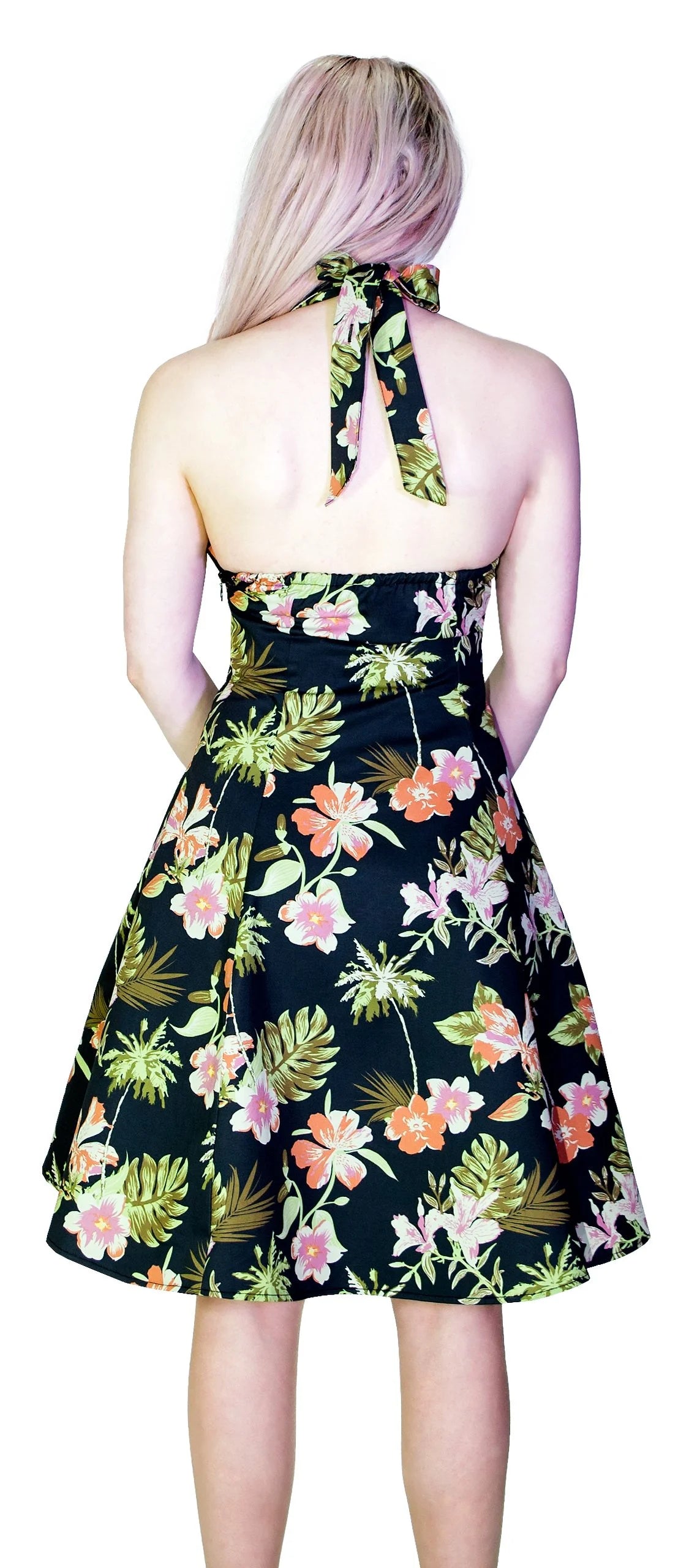 Palm Trees and Exotic Flowers Black Retro Midi Dress - Marrama - Dr Faust