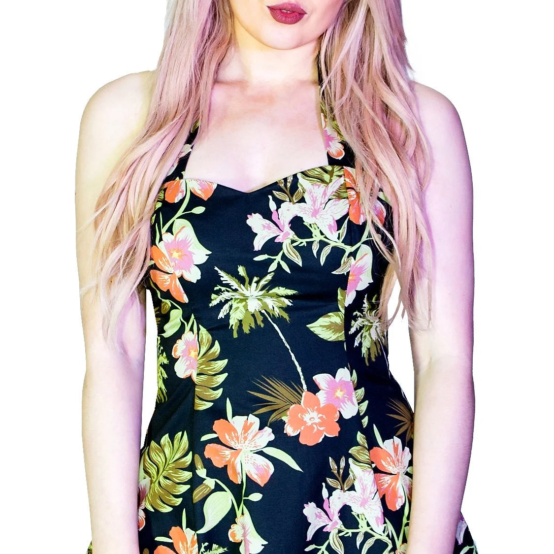 Palm Trees and Exotic Flowers Black Retro Midi Dress - Marrama - Dr Faust