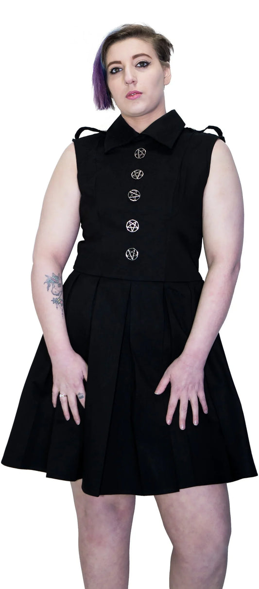 Occult Silver Pentagram Buttons Black Plus Size Midi Dress - Hattie - Dr Faust
