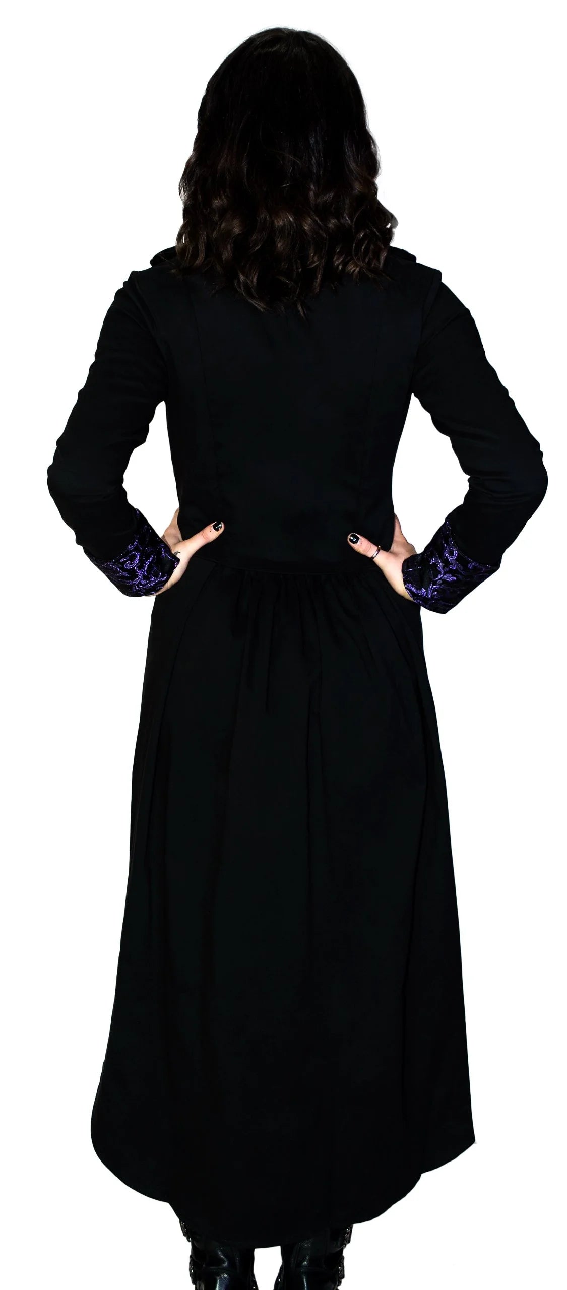 Purple Brocade Long Black Cotton Coat - Matilda - Dr Faust