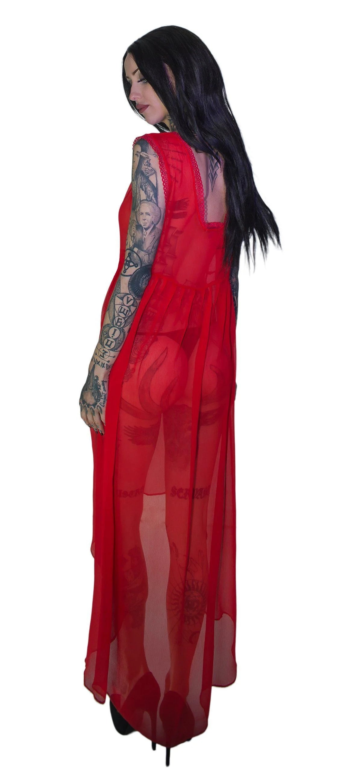 Ravishing Red Long Sheer Dress - Lacey - Dr Faust