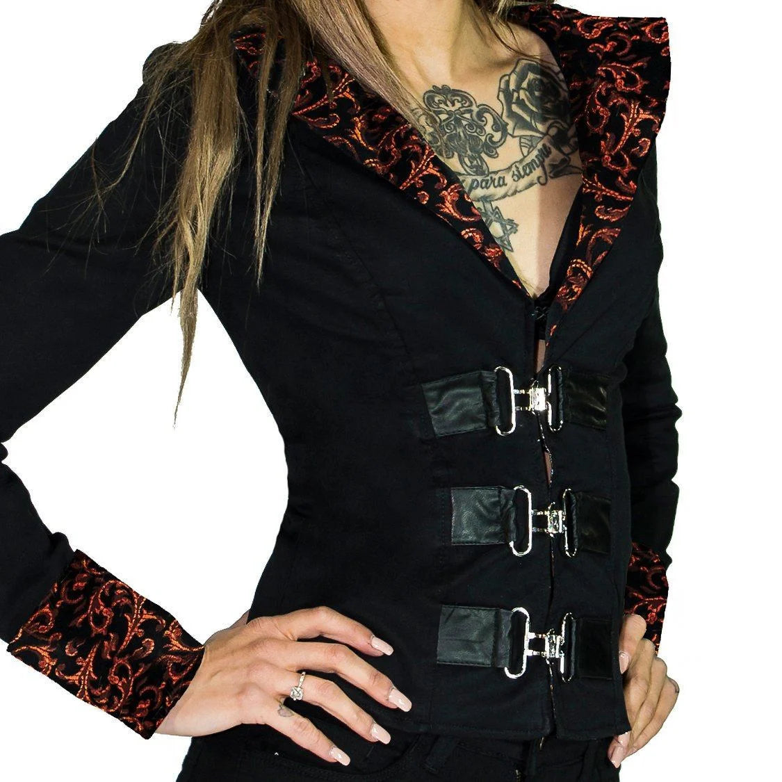 Red Brocade Details Short Black Cotton Jacket - Acantha - Dr Faust