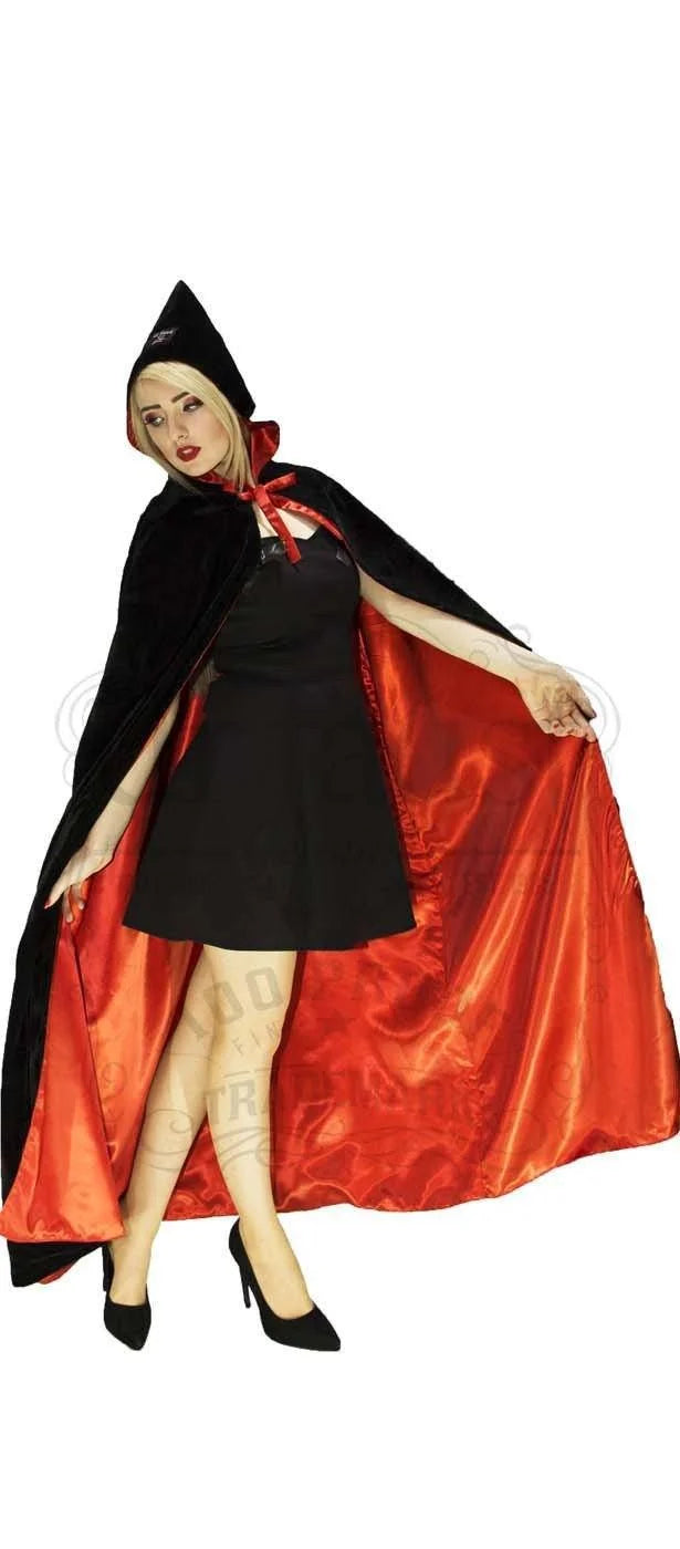 Red Silk and Black Velvet Reversible Pointed Hooded Cape - Juliana - Dr Faust