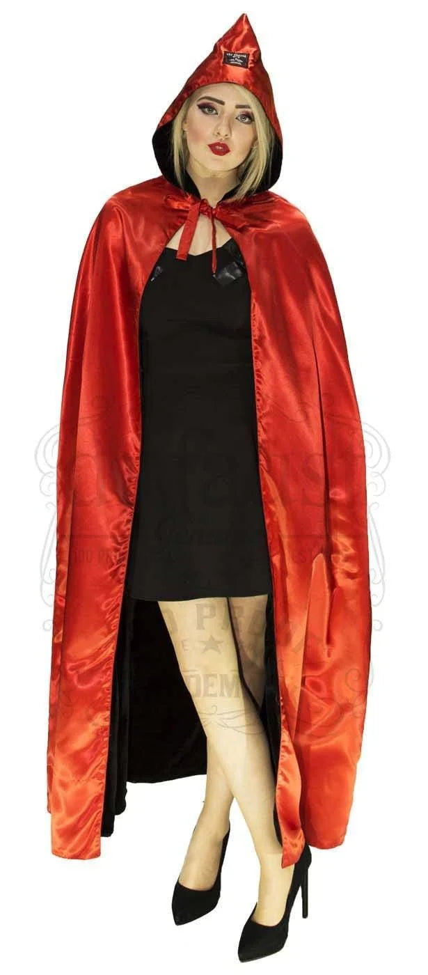 Red Silk and Black Velvet Reversible Pointed Hooded Cape - Juliana - Dr Faust