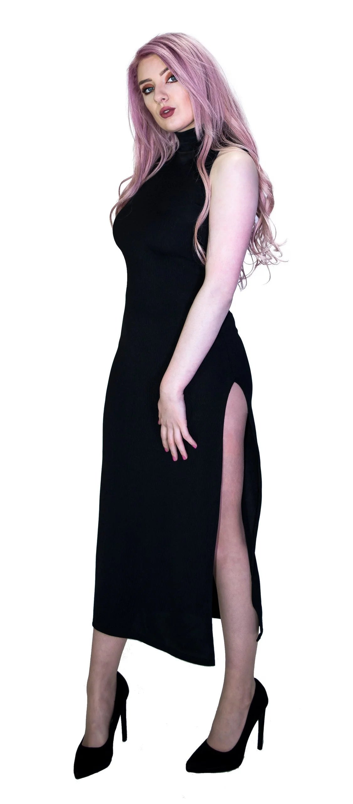 Ribbed Side Split Black Maxi Dress - Mavis - Dr Faust