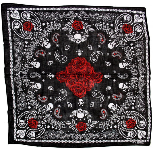 Roses and Skulls Black Cotton Bandana - Jean - Dr Faust
