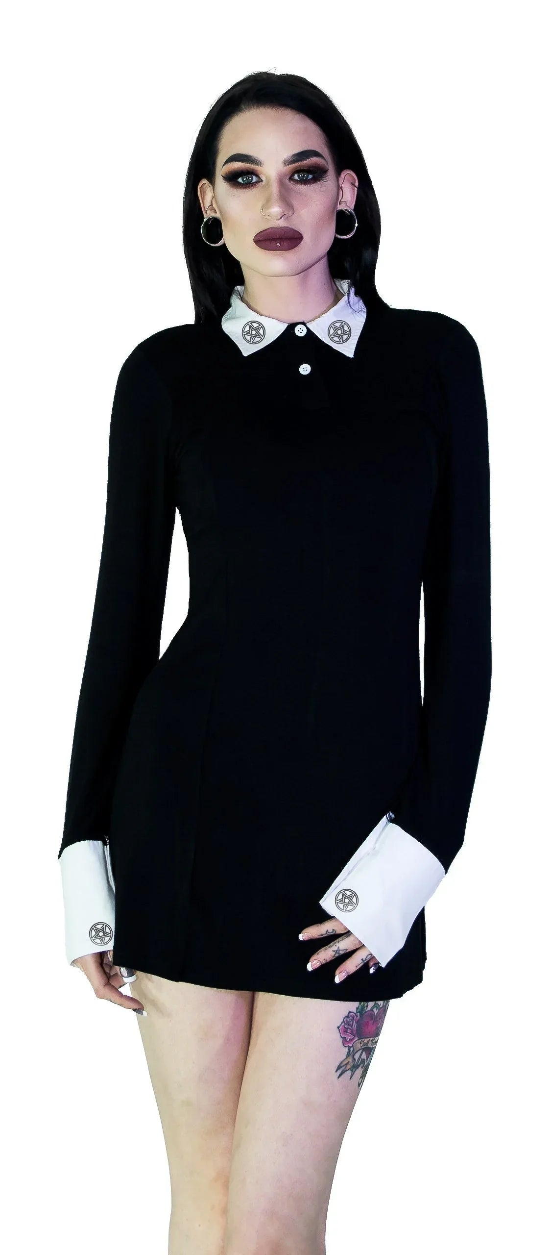 Black Pentagrams White Collar Nu Goth Mini Dress - Salma - Dr Faust