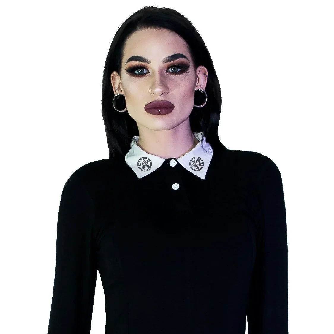 Black Pentagrams White Collar Nu Goth Mini Dress - Salma - Dr Faust
