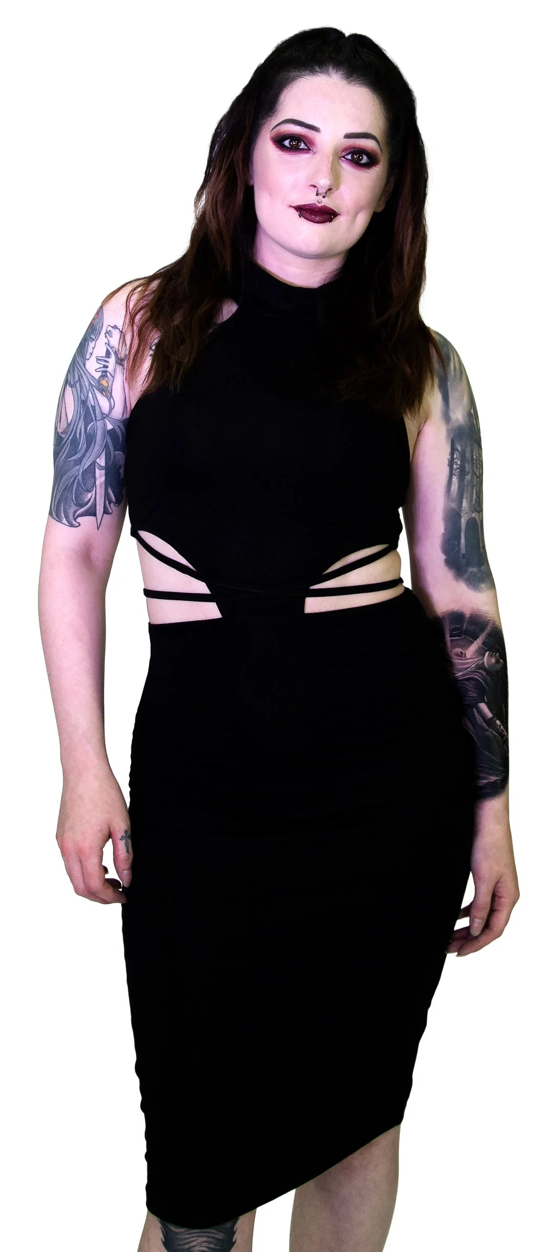 Seductive Black Stripes Black Midi Dress - Ruth - Dr Faust