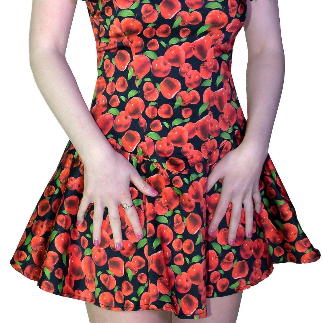 Shiny Red Apples Black Mini Dress - Leanne - Dr Faust