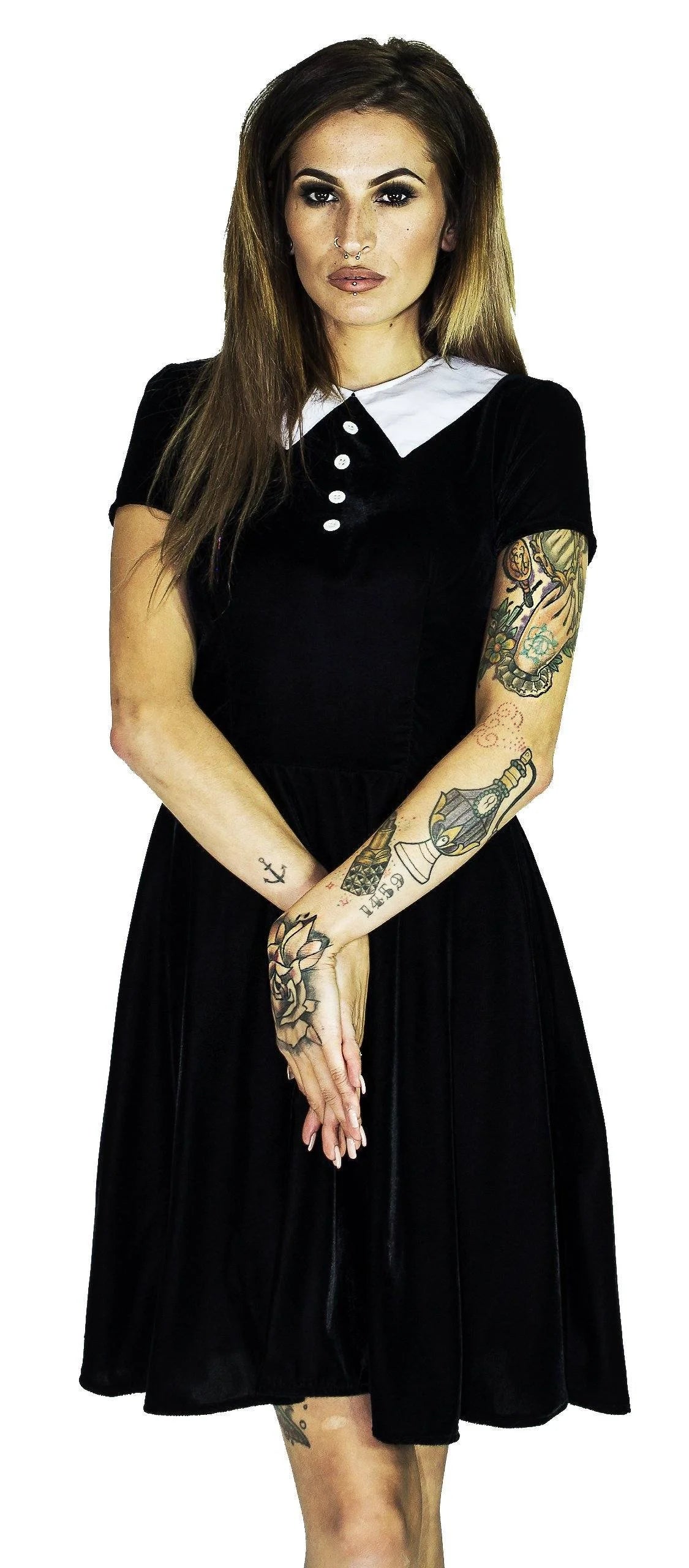 Short Sleeve Wednesday Addams Black Velvet Mini Dress - Kalinda Dr Faust Short Sleeve Wednesday Addams Black Velvet Mini Dress - Kalinda Dr Faust