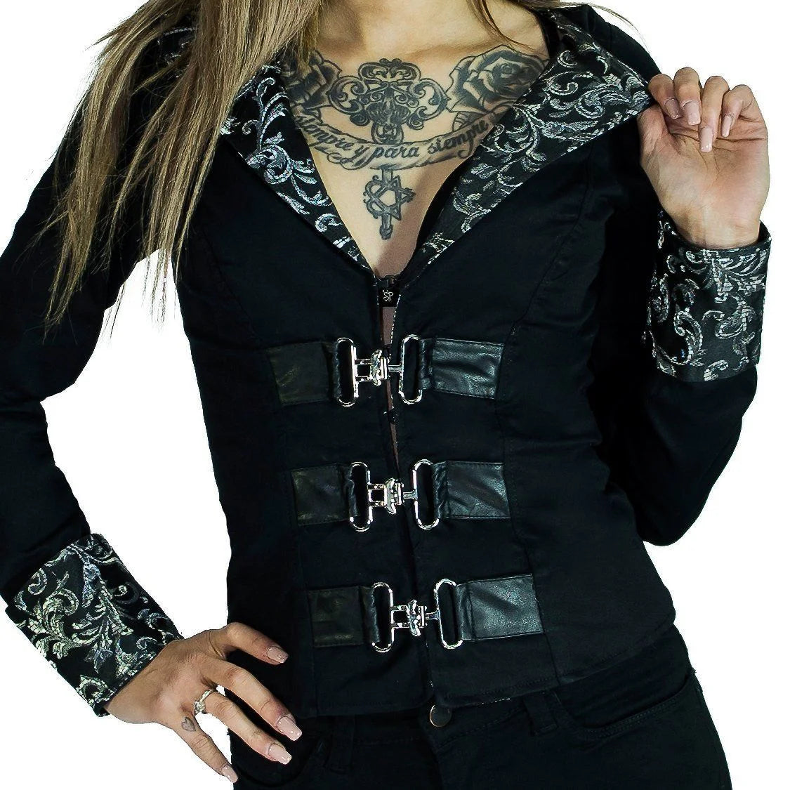 Silver Brocade Details Short Black Cotton Jacket - Acantha - Dr Faust