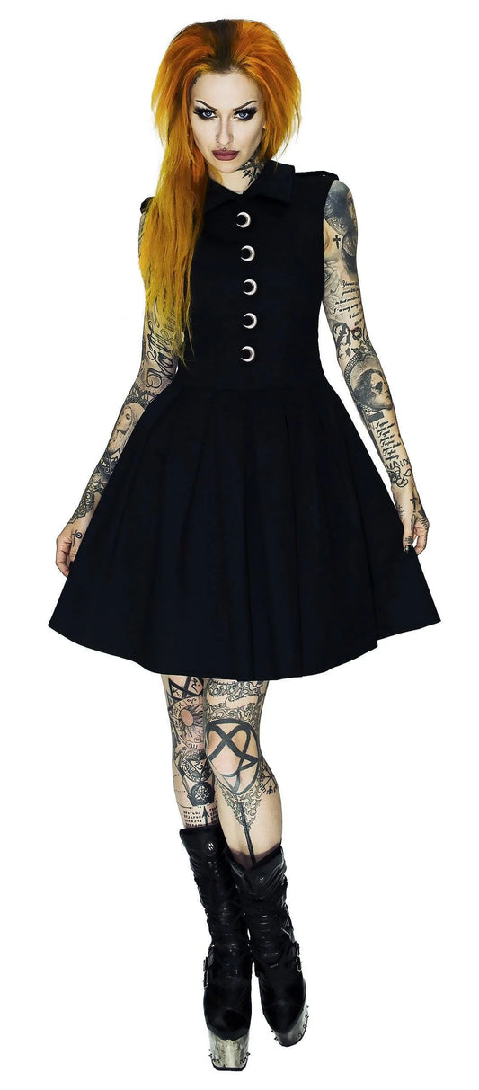 Silver Moon Buttons Black Midi Dress - Vanda - Dr Faust