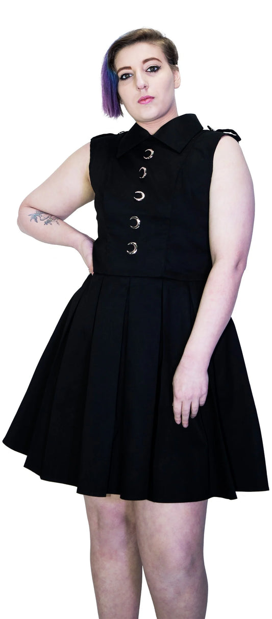 Silver Moon Buttons Black Plus Size Midi Dress - Vanda - Dr Faust