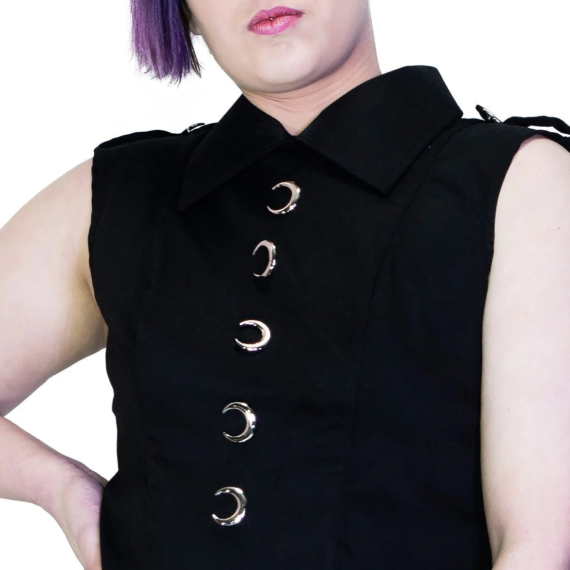 Silver Moon Buttons Black Plus Size Midi Dress - Vanda - Dr Faust