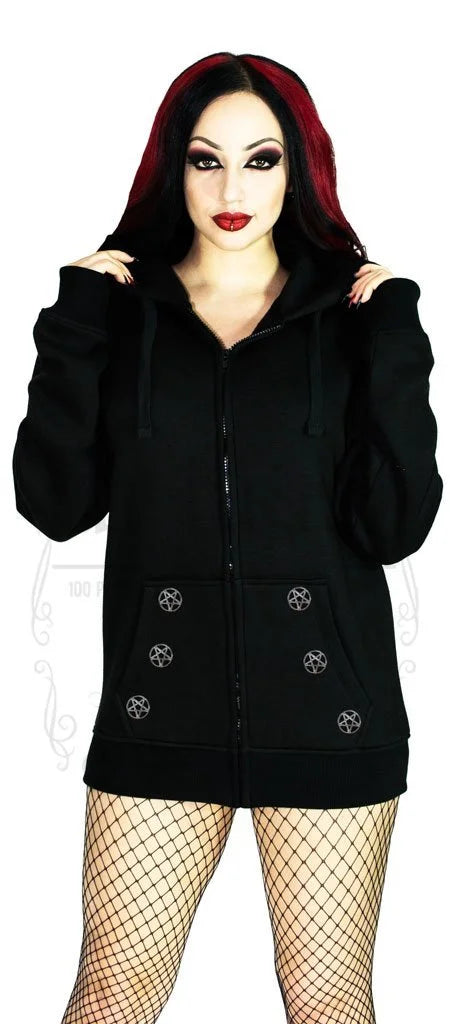 Silver Pentagram Buttons Women's Black Hoodie - Sloane - Dr Faust