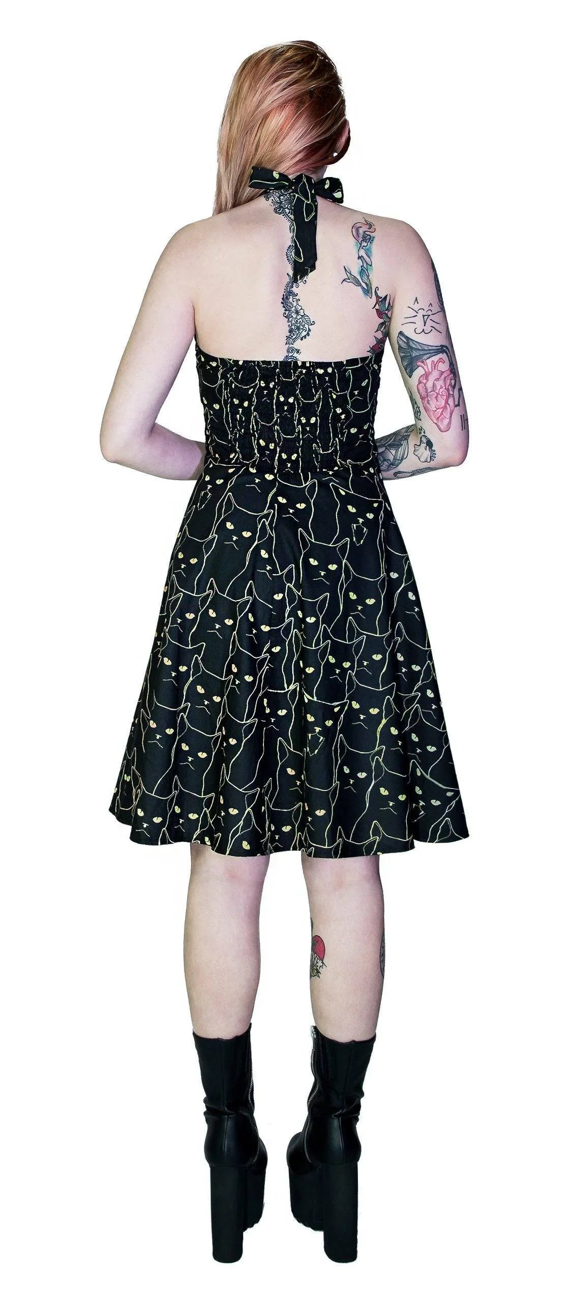 Yellow Evil Cats Black Midi Dress - Katz - Dr Faust