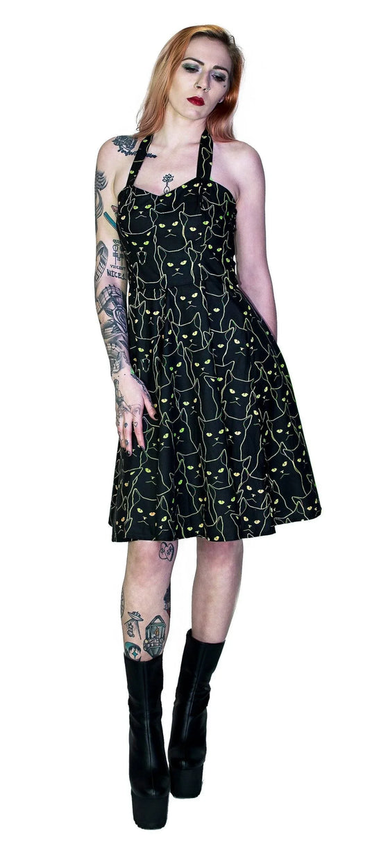 Yellow Evil Cats Black Midi Dress - Katz - Dr Faust